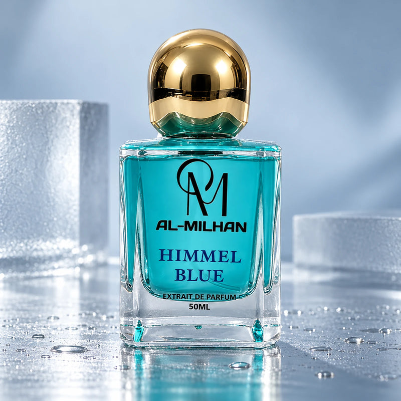 Himmel Blue bottle with turquoise liquid, dark lettering and a spherical gold cap on a wet blue surface beside frosted glass blocks.