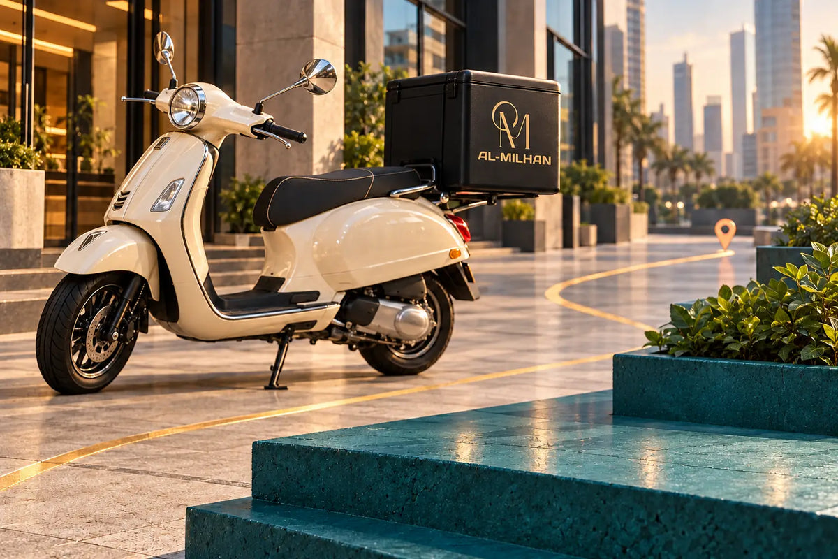 Cream delivery scooter with a black Al Milhan branded case on a sunlit contemporary city street beside teal stone steps.