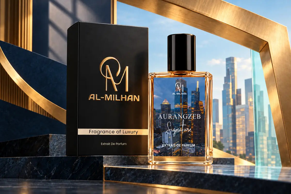 Aurangzeb Signature perfume with amber liquid and its original city label beside the black and gold Al Milhan carton on petrol plinths, framed by a brass portal and aqua architectural panels.