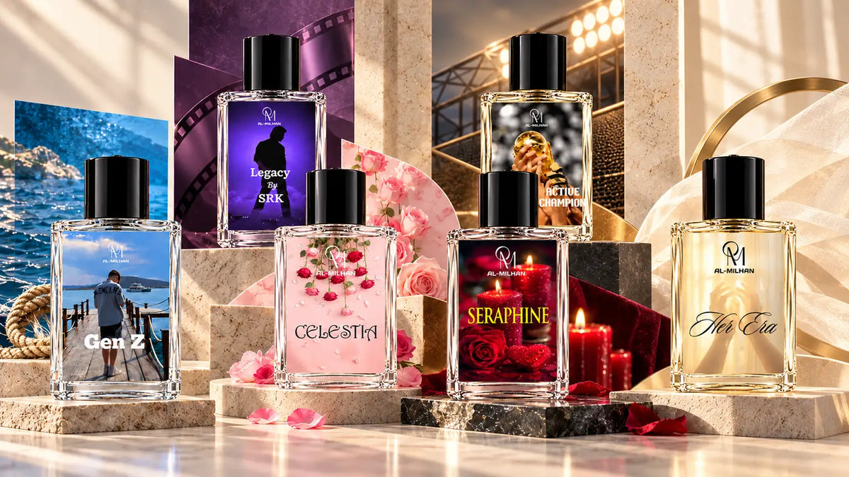 Six Al Milhan new arrivals for men and women: Gen Z, Legacy by SRK, Active Champion, Celestia, Seraphine and Her Era, with their original labels on graphic stepped plinths.