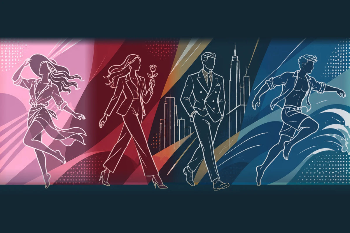 A bold graphic of four line-drawn figures in motion, each in its fragrance's label colour: a woman in a sun hat on blush pink, a woman in a blazer holding a rose on deep red, a man in a suit before a skyline on steel blue, and a man leaping through waves on ocean blue.