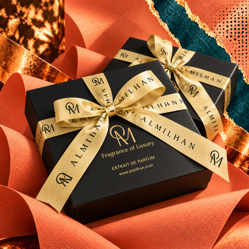 Shallow black Al Milhan gift boxes tied with champagne-gold branded satin bows in a coral and petrol paper collage