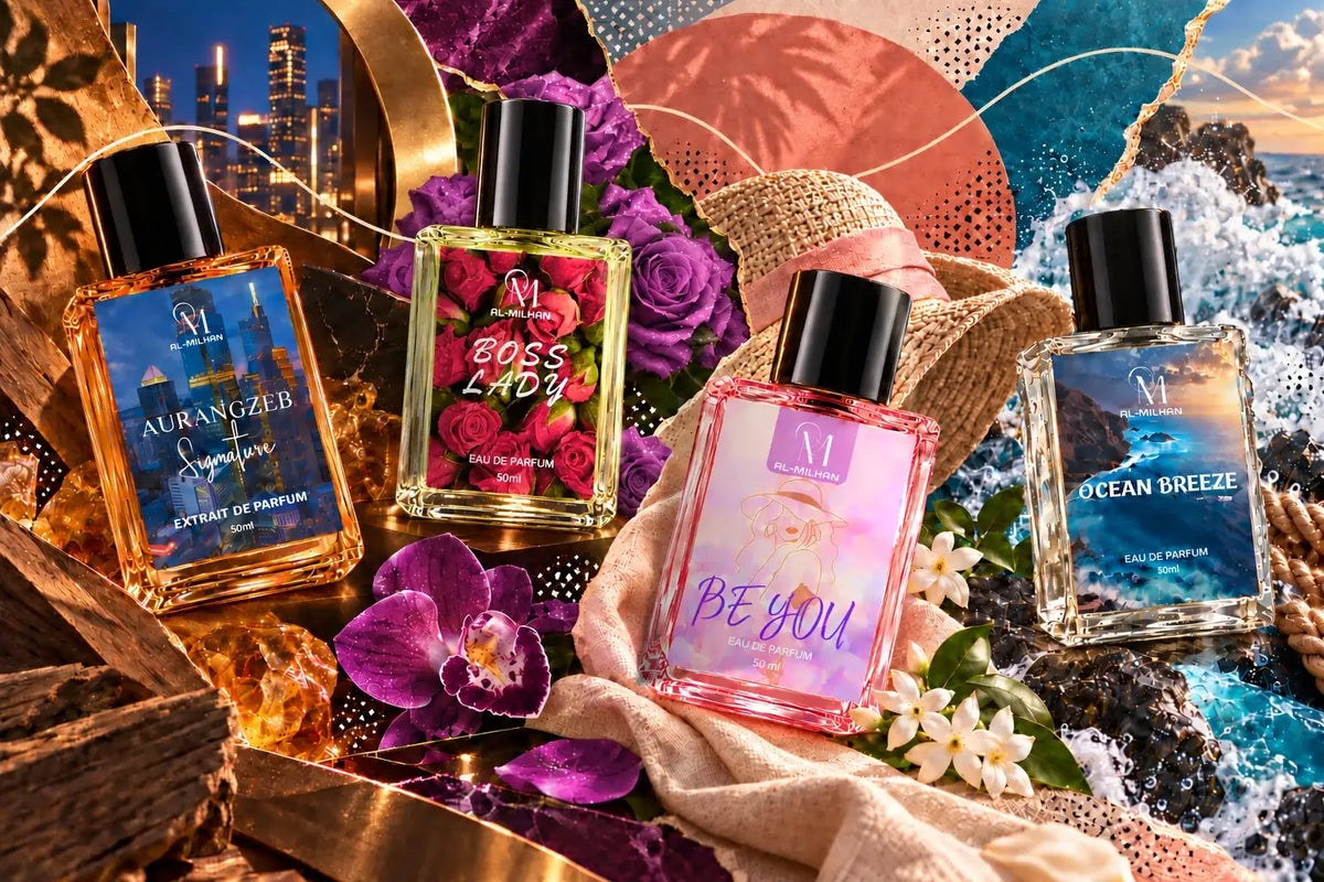 Aurangzeb, Boss Lady, Be You and Ocean Breeze in a graphic collage of city and cedar, raspberry-purple roses and orchids around Boss Lady, linen and jasmine, coastal rocks and sea foam.