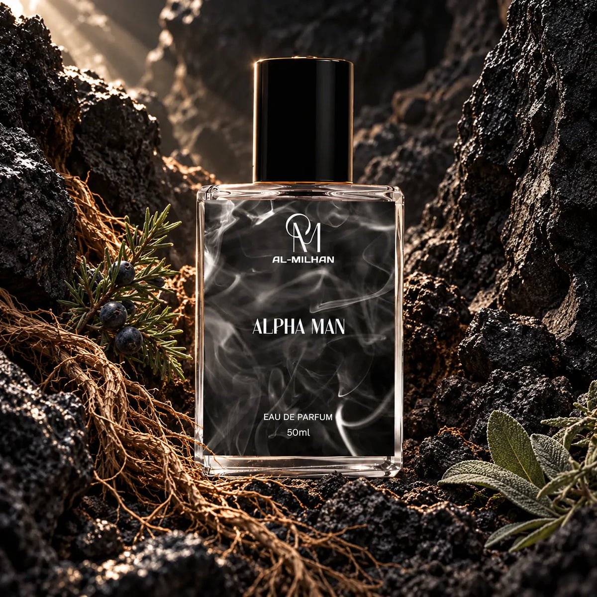 Alpha Man clear perfume bottle nestled in dark volcanic rock, surrounded by exposed roots, juniper and sage.