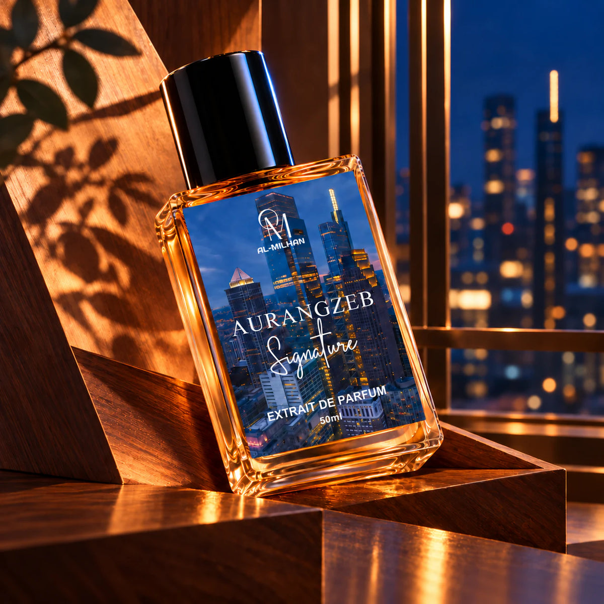 Aurangzeb amber perfume bottle with its skyline label leaning across wooden architecture against a city at blue hour.