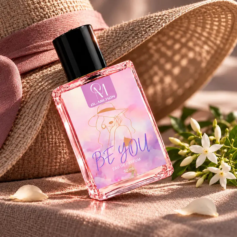 Be You pink perfume bottle with its illustrated label angled beside a woven hat, textured linen and white flowers in morning light.
