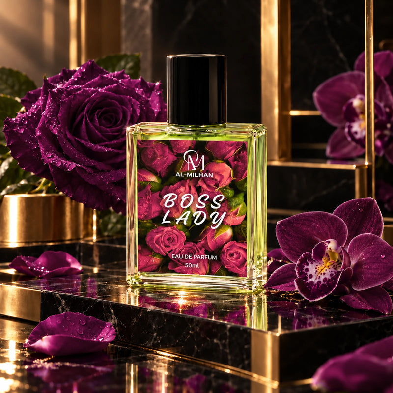 Boss Lady's clear 50ml bottle with pale green liquid, a black cap and its original red rosebud label with white italic lettering, surrounded by raspberry-purple roses and orchids on brass and black marble.