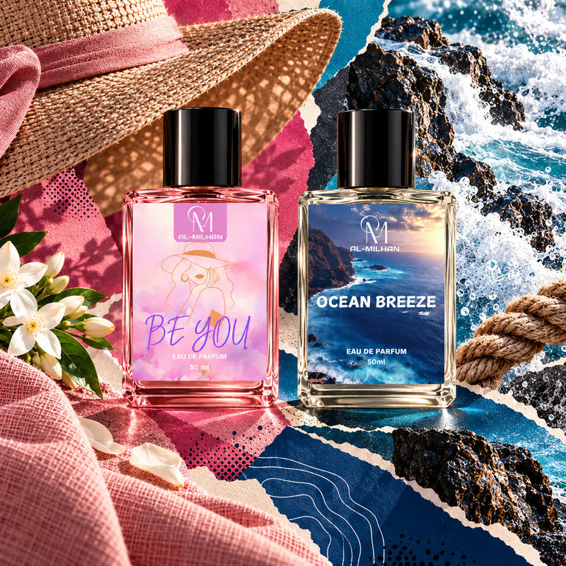 Be You and Ocean Breeze in a bold pink-and-cobalt paper collage with a straw hat, jasmine, woven linen, sea foam, coastal rocks and nautical rope. Pictured bottles are eligible examples; choose two fragrances.