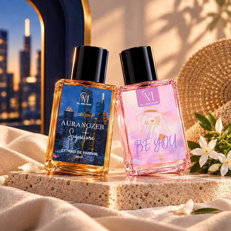 Aurangzeb and Be You leaning towards each other on a shared platform, with amber city architecture and soft linen-floral styling. Both retain their approved bottles, labels and fluid colours.