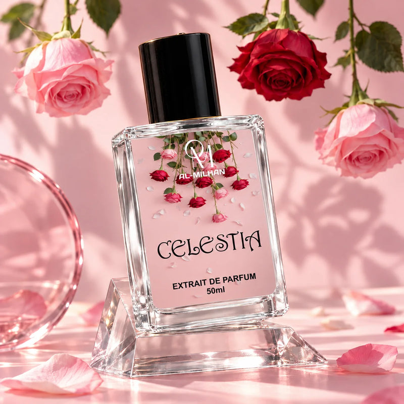 Celestia perfume bottle with transparent liquid and its pink hanging-rose label among roses and curved glass.