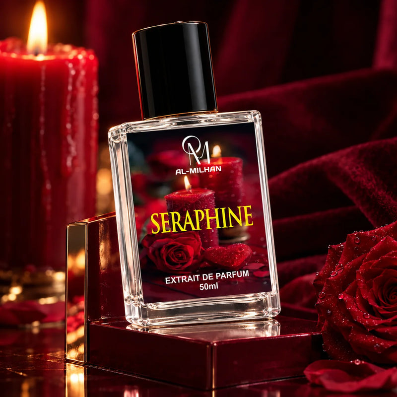 Seraphine perfume bottle with transparent liquid and its red candle-and-rose label beside red velvet, flowers and a lit candle.