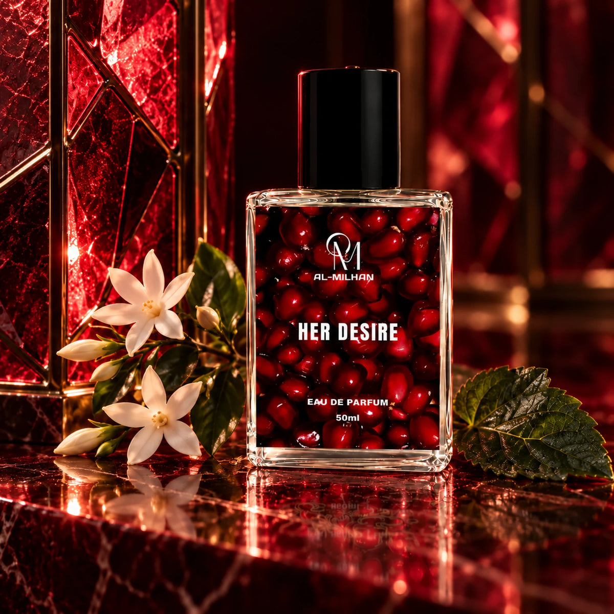 Her Desire clear perfume bottle with its red-berry label among ruby stained glass, white flowers and a leaf on garnet stone.
