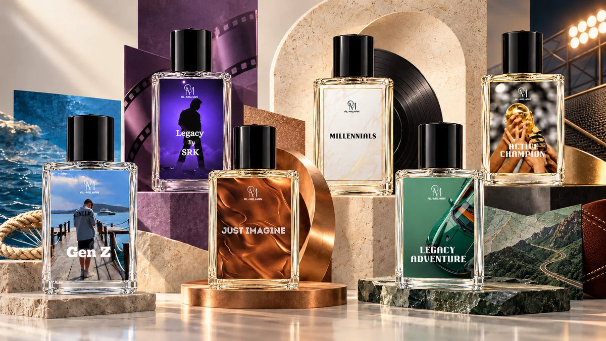 The six new Al Milhan designs: Gen Z, Active Champion, Legacy by SRK, Millennials, Just Imagine and Legacy Adventure, with their original bottle labels in a new arrivals collage.