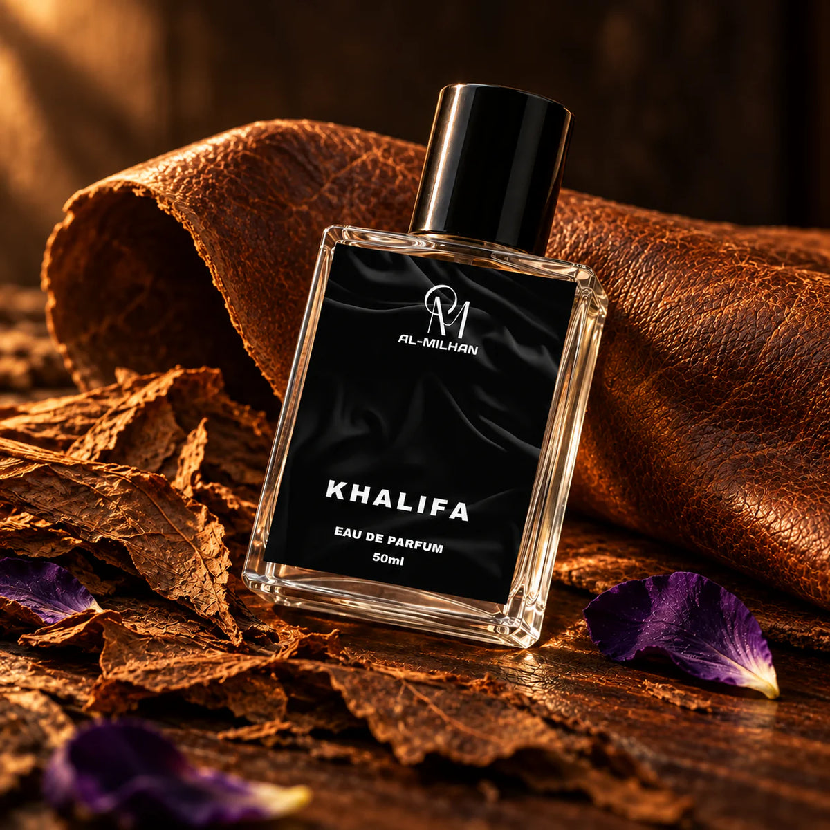 Khalifa clear perfume bottle against a cognac leather fold on dark walnut, with tobacco leaves and violet petals.