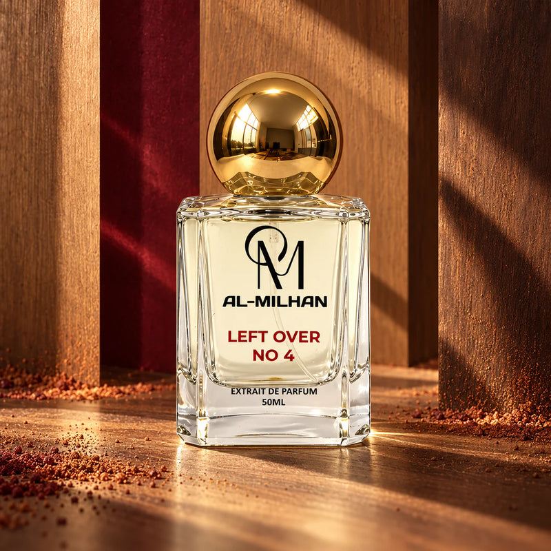 Left Over No 4 perfume with pale liquid and a gold spherical cap against four warm wood planes with burgundy accents.
