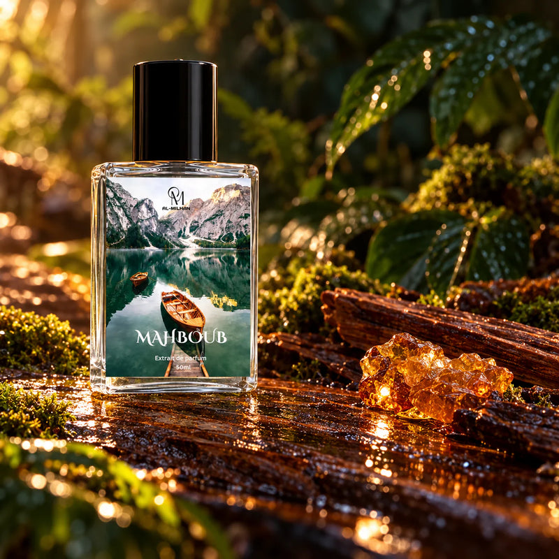Mahboub perfume on rain-dark wood with amber resin and emerald foliage.