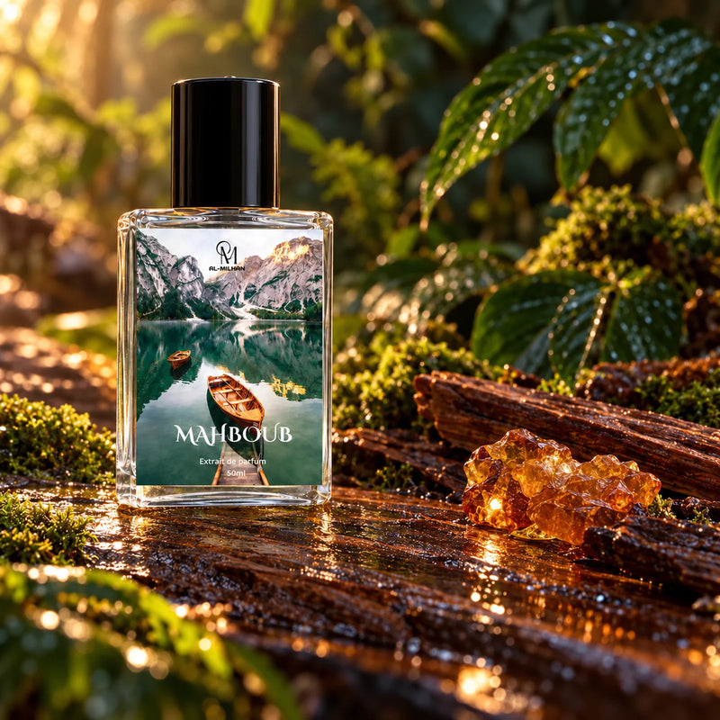 Mahboub perfume on rain-dark wood with amber resin and emerald foliage.