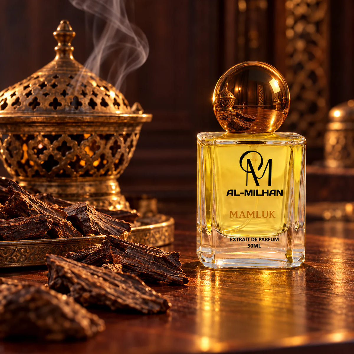 Mamluk bottle with golden liquid and a spherical gold cap beside a brass incense burner and wood chips on dark mahogany.
