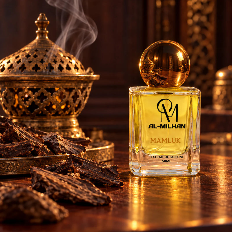 Mamluk golden oud perfume with its spherical gold cap beside a brass incense burner and agarwood on dark mahogany.
