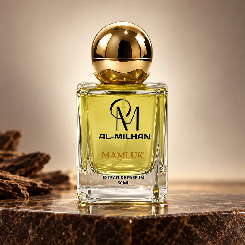 Mamluk bottle with yellow liquid, gold lettering and a spherical gold cap on dark marble beside wood chips in warm studio light.