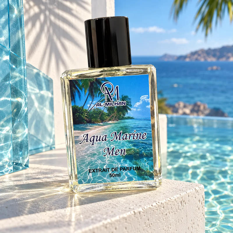 Aqua Marine Men perfume bottle by Al Milhan with its coastal label on a sunlit white pier with turquoise reflections.