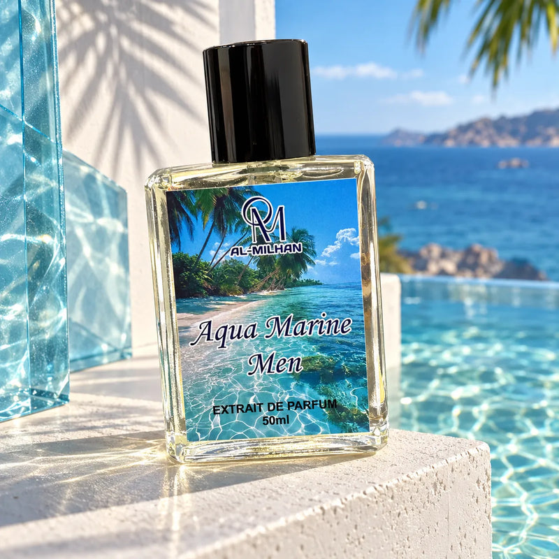 Aqua Marine Men perfume bottle by Al Milhan with its coastal label on a sunlit white pier with turquoise reflections.