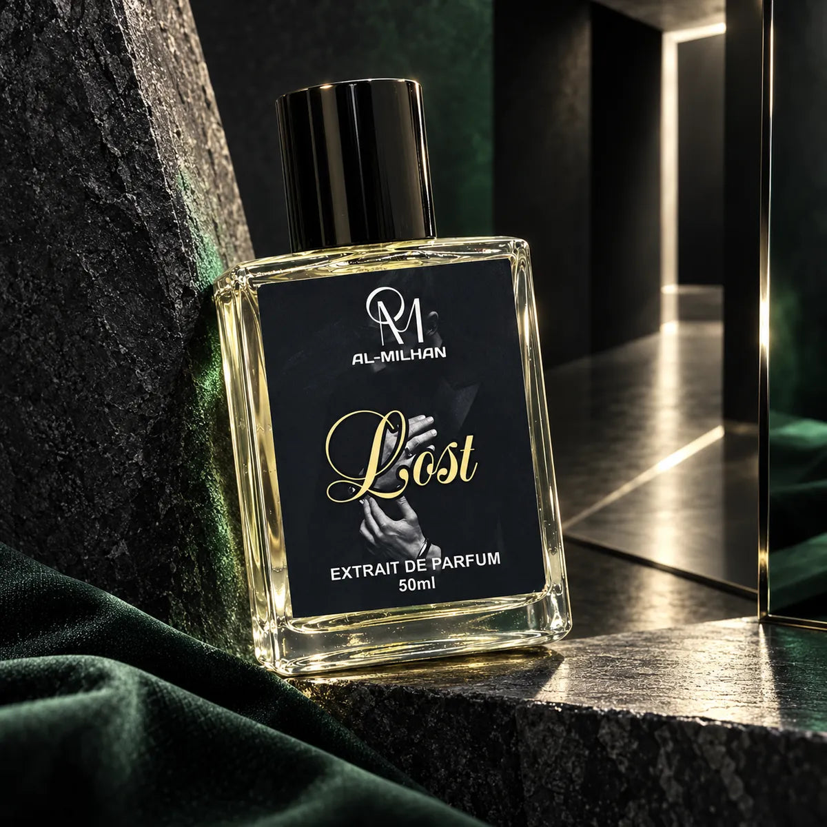 Lost perfume bottle by Al Milhan with its black and gold label among charcoal architectural planes and smoked mirrors.