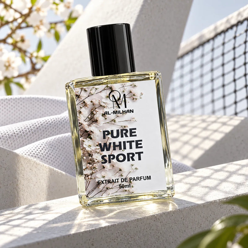 Pure White Sport perfume bottle by Al Milhan with its white blossom label on a pearl-white architectural pedestal with mesh shadows.