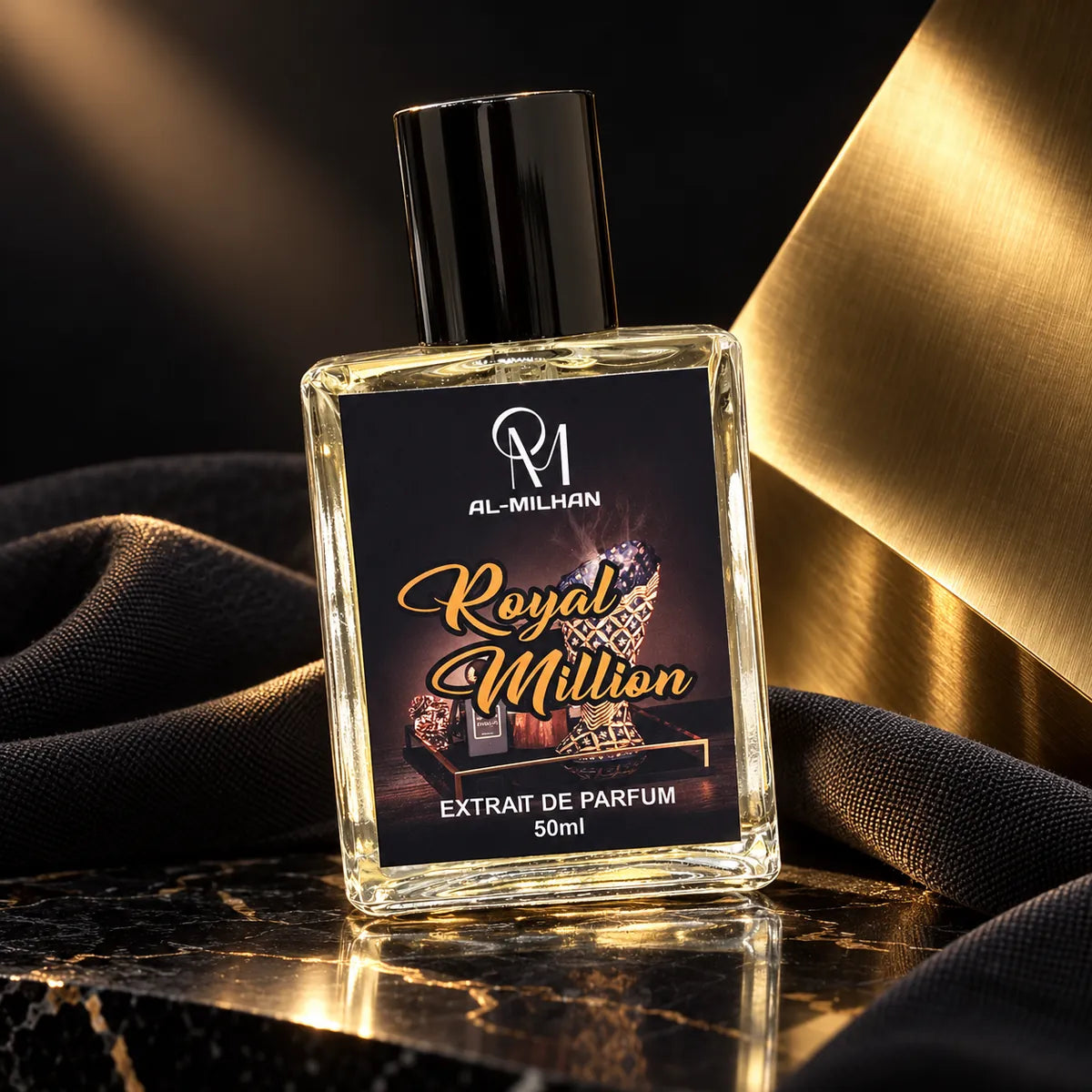 Royal Million perfume bottle by Al Milhan with its ornate black and gold label beside a sculptural gold plane and charcoal fabric.