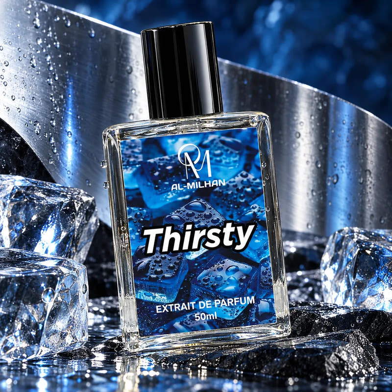 Thirsty perfume bottle by Al Milhan with clear liquid and its blue water-droplet label on wet navy stone with chrome and clear blocks.