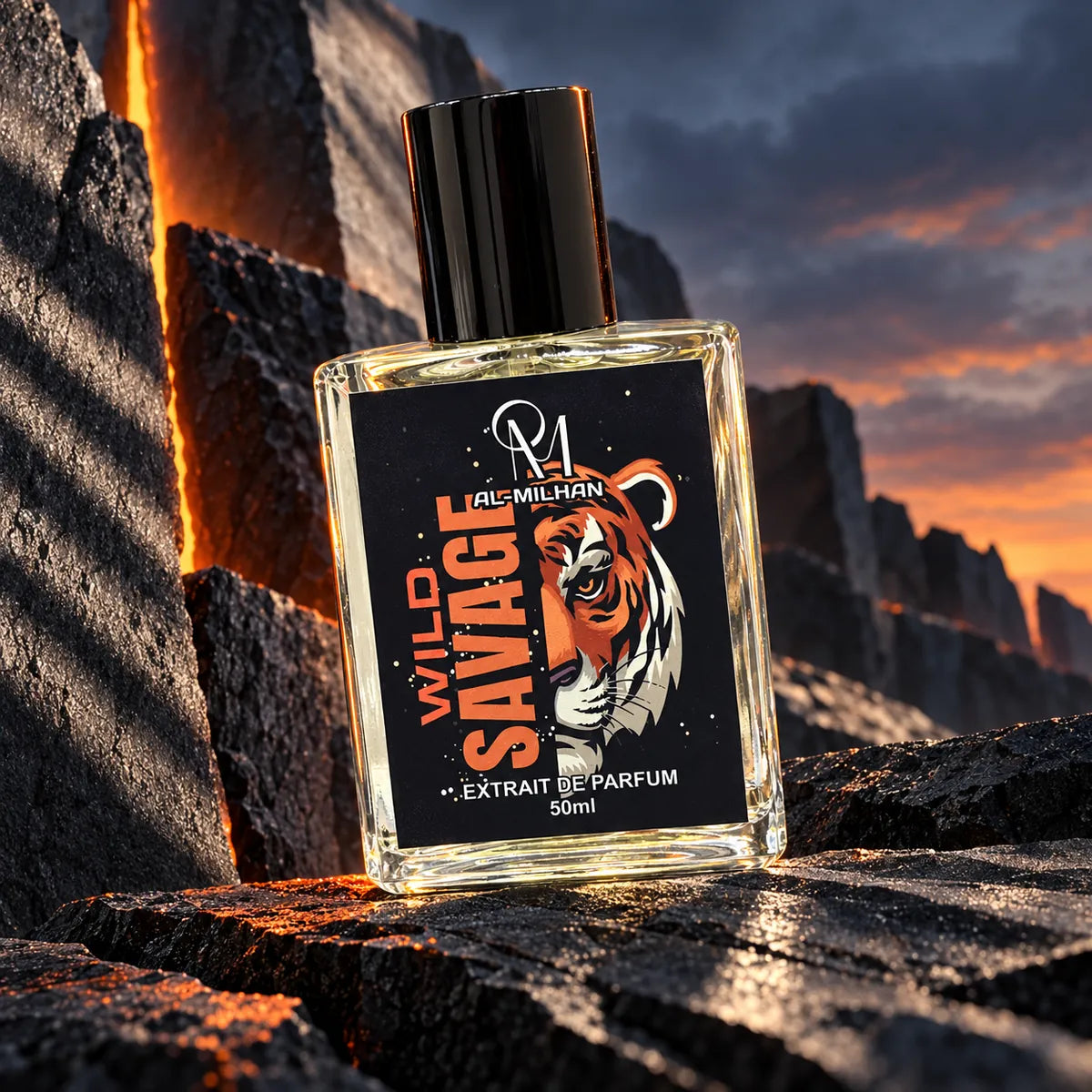 Wild Savage perfume bottle by Al Milhan with its orange and black label on rugged dark basalt in cool dusk light.