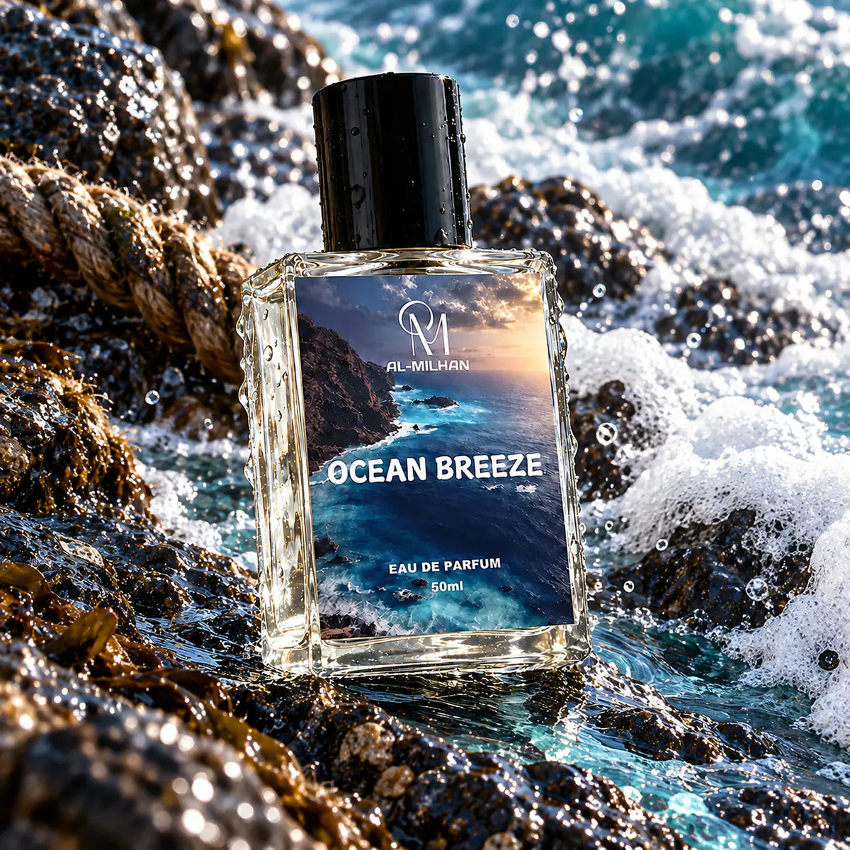Ocean Breeze clear perfume bottle with its coastal label among wet rocks, sea foam and weathered rope beside turquoise water.