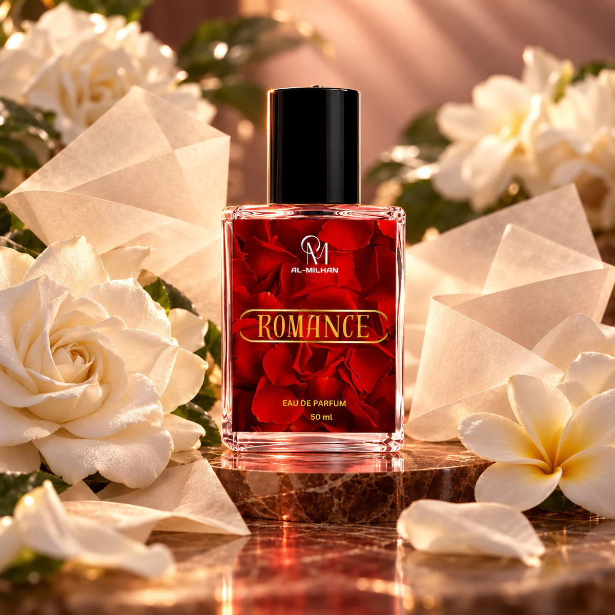 Romance perfume bottle with its red-petal label framed by ivory flowers and folded blank vellum.