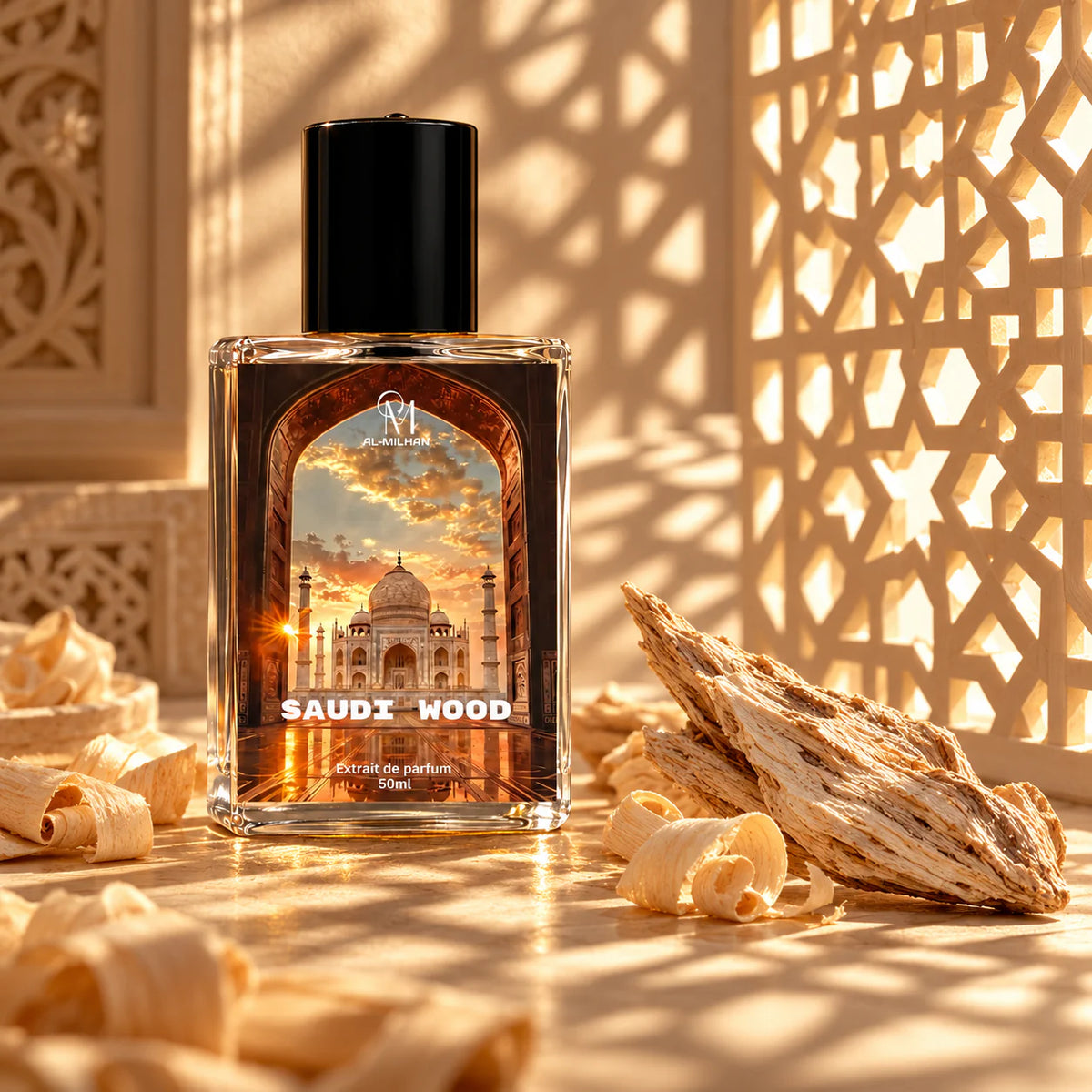 Saudi Wood perfume bottle beside pale wood curls and an oud chip, with an ivory lattice casting geometric shadows.