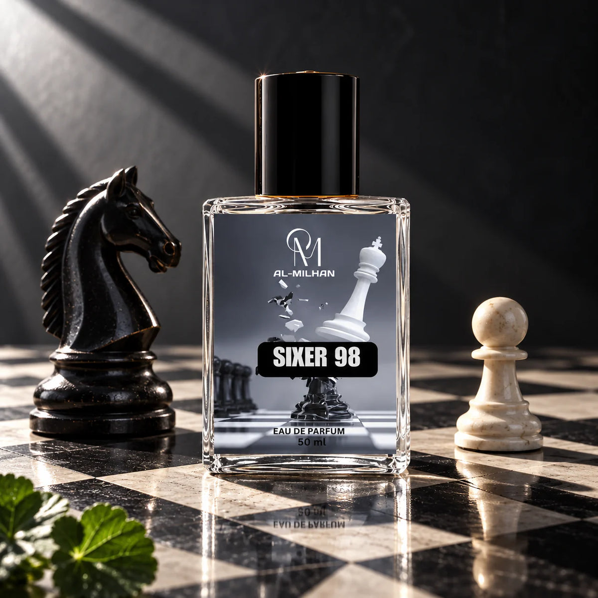 Sixer 98 clear perfume bottle with its chess label on a checkerboard beside a black knight, ivory pawn and green leaf.