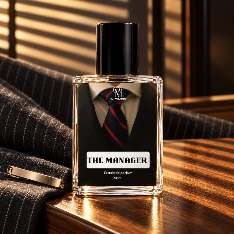 The Manager's clear 50ml bottle beside graphite pinstripe suiting and a brushed tie clip on a cedar desk edge under blind shadows.