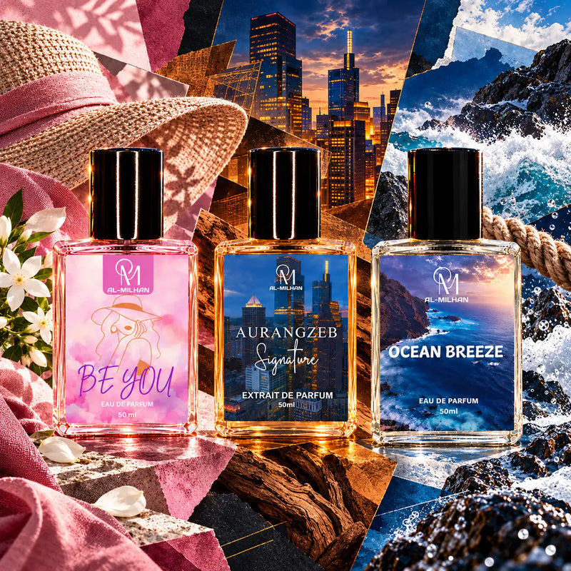 Be You, amber Aurangzeb and clear Ocean Breeze in a layered pink, cedar-amber and cobalt collage with a hat, jasmine, night skyline, cedar grain, sea foam, rocks and rope. Pictured bottles are eligible examples; choose three fragrances.