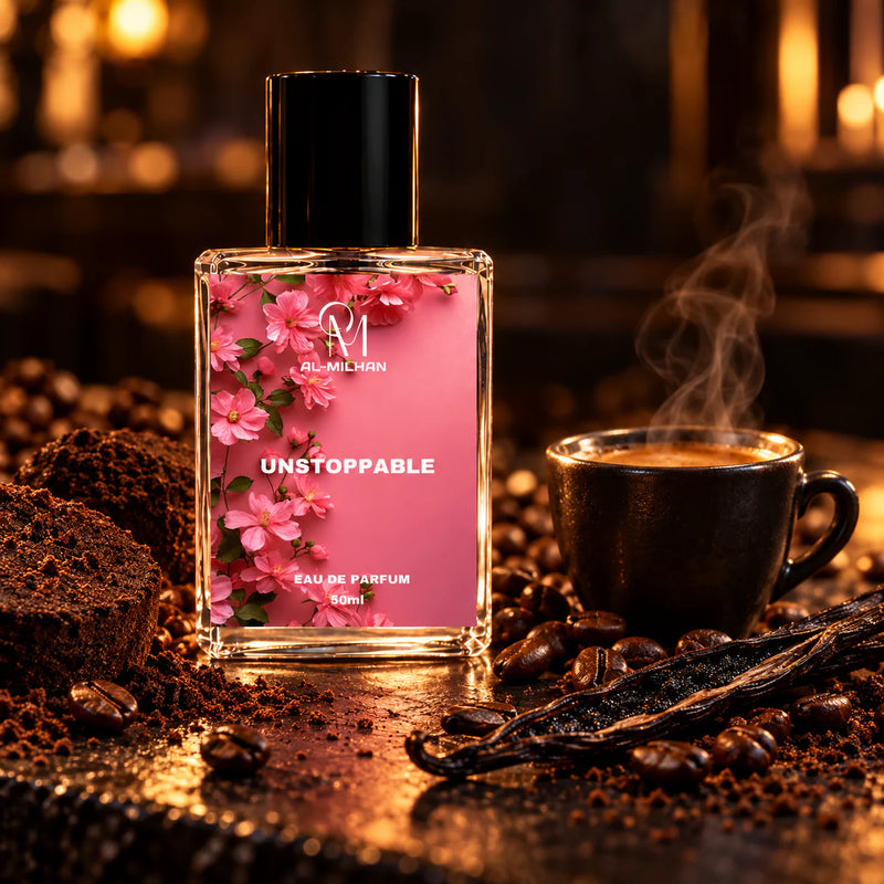 Unstoppable bottle with its pink floral label beside a dark espresso cup, roasted coffee grounds and a split vanilla pod.