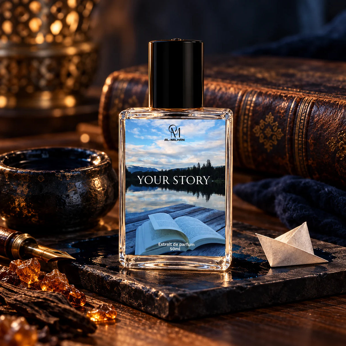Your Story perfume bottle beside an indigo inkstone, aged leather book and resin on dark wood.