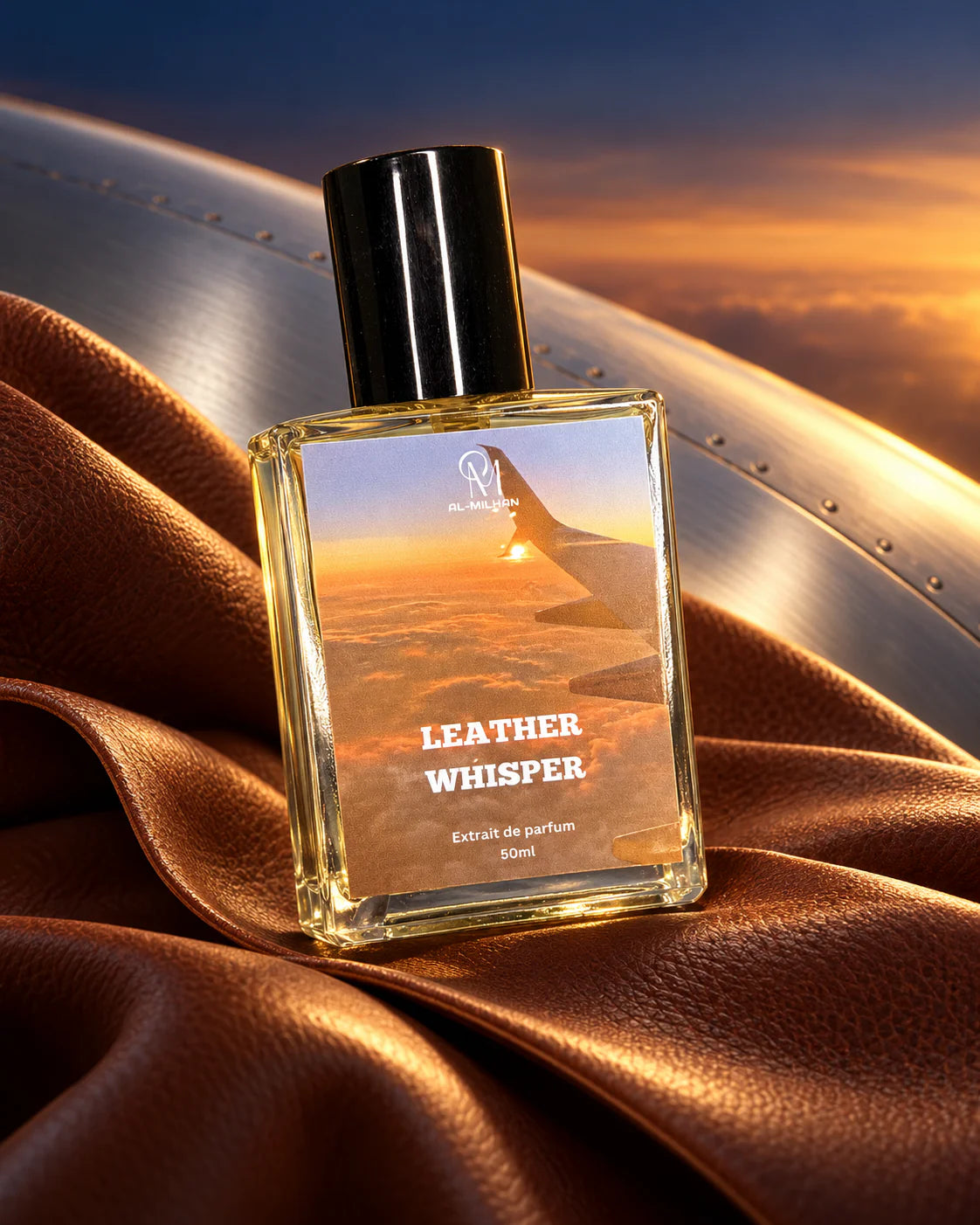 Whisper Leather perfume by Al Milhan with its Leather Whisper airplane-wing label in a sunset-inspired leather and travel composition.