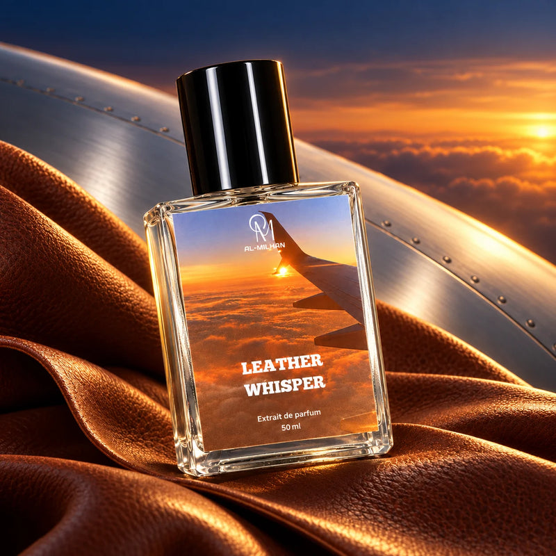 Whisper Leather perfume by Al Milhan with its Leather Whisper airplane-wing label in a sunset-inspired leather and travel composition.