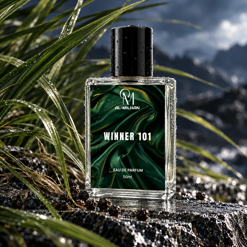 Winner 101 clear perfume bottle with its green label on a cool mineral ledge, framed by windswept grass and black peppercorns.
