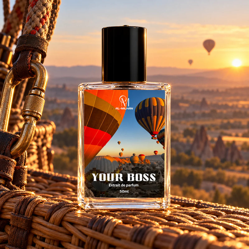 Your Boss's clear 50ml balloon-label bottle on woven basket material beside brass rigging hardware, with distant balloons at dawn.